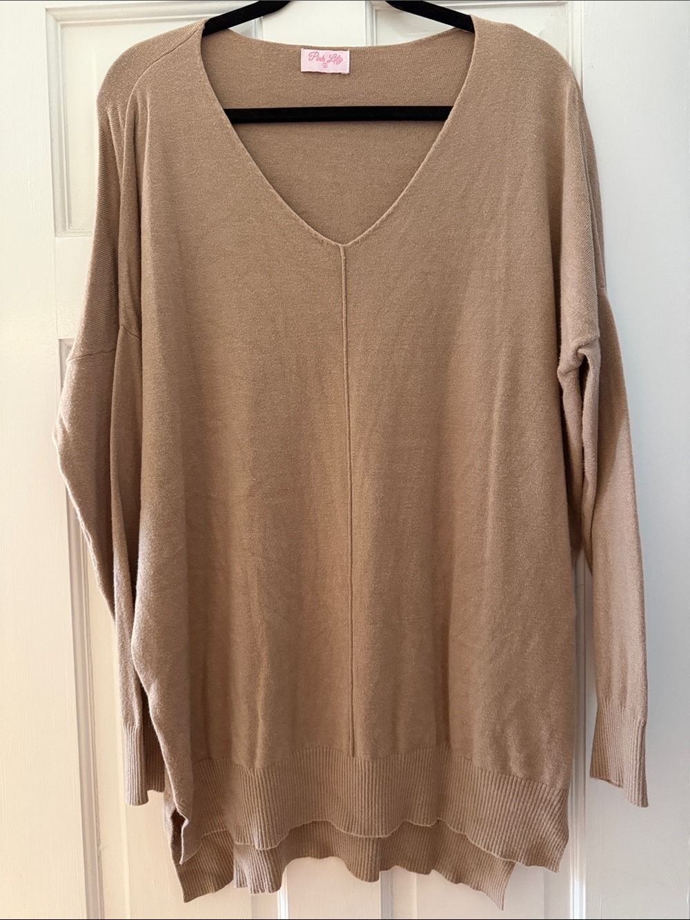 Pink Lily Beige V-Neck Oversized Sweater